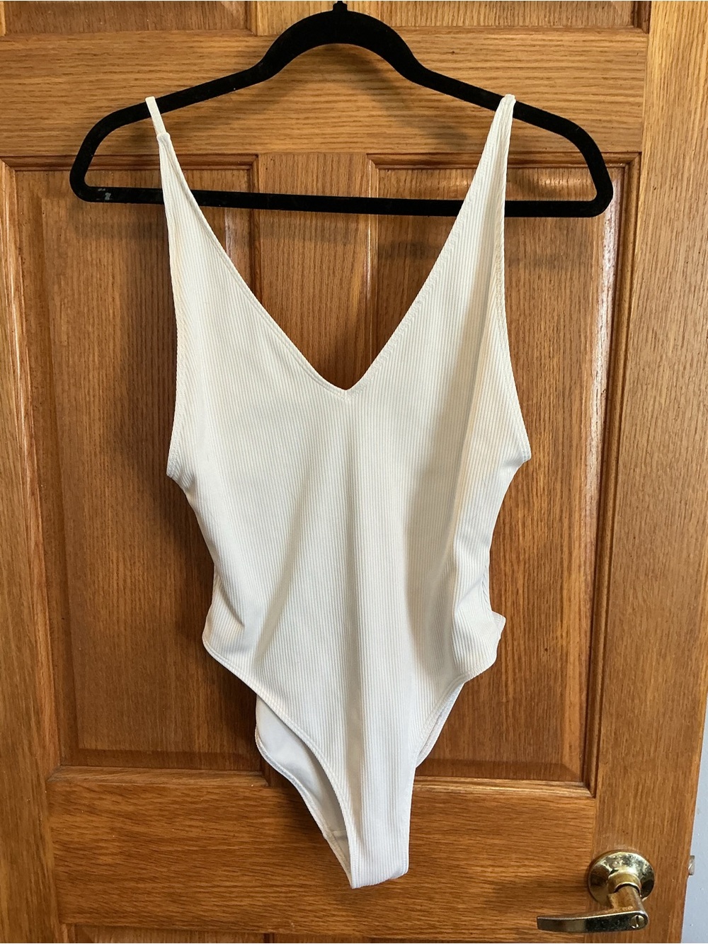 Forever 21 Cream Ribbed V-Neck One-Piece Bodysuit
